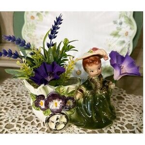 Purple Pansy Flower Spaghetti Girl Planter Vintage Ucagco 4.25in